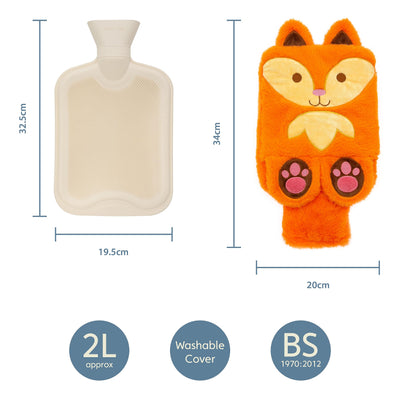 Night Owl Cute Plush Novelty Animal Hot Water Bottle/Fox or Penguin/Hand Warming Pouch/Provides Warmth and Pain Relief / 2L Capacity (Fox)
