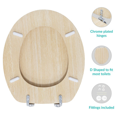 Anika 92439 Pine Effect Toilet Seat Anti Bacterial Coating Chrome Hinges, 43cm x 37.5cm