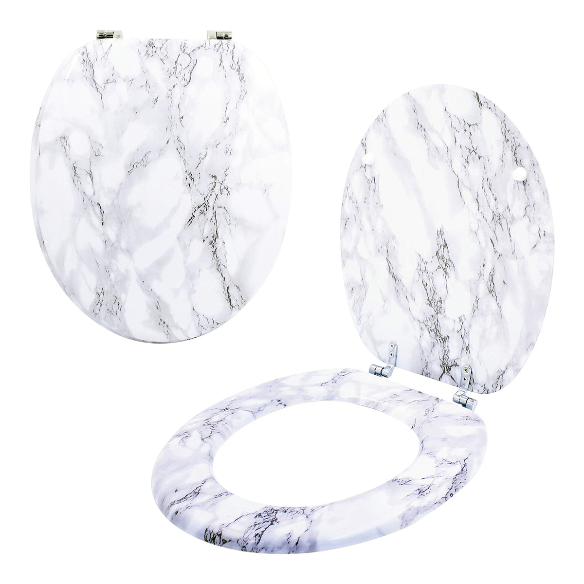 Marble-effect toilet seat with chrome hinges
