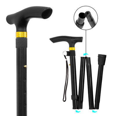 Anika 60510 Black Folding Walking Stick / Compact for Travel / Easy to Use / Height Adjustable Pole / Stylish Design / Wrist Strap