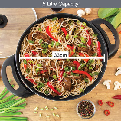 Quest 35870 Electric Non-Stick Wok with Lid Included / 5 Precise Temperature Options/Rapid Heating Technology / 33cm Diameter/Detachable Power Cord for Serving / 1500W