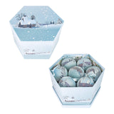 Gift-boxed set of 14 blue and white snow village Christmas baubles