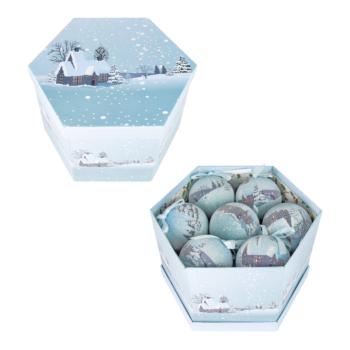Gift-boxed set of 14 blue and white snow village Christmas baubles