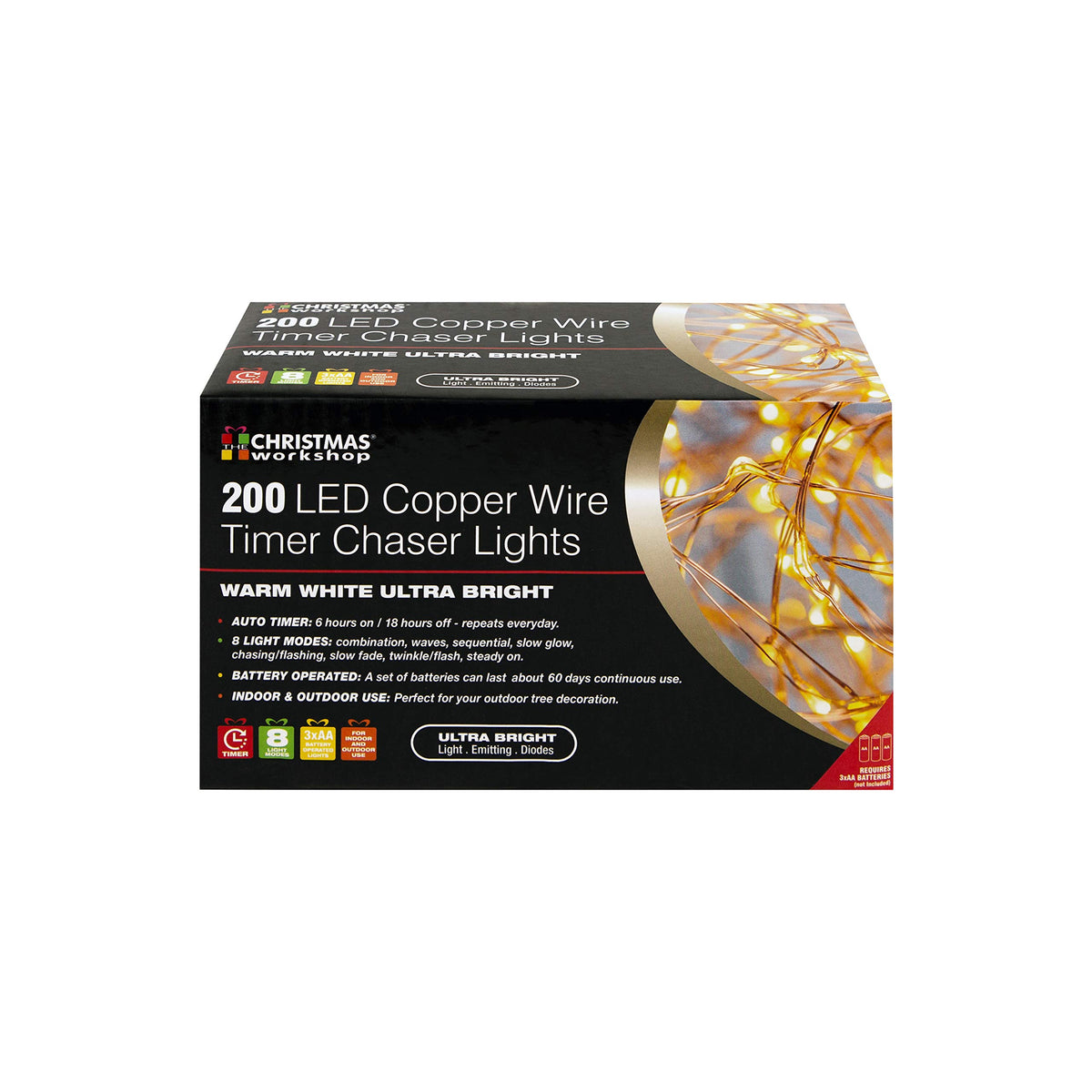 200 warm white LED copper wire Christmas lights – 19.9m