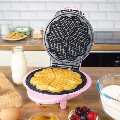 Global Gizmos 35570 Heart Shaped Waffle Maker / 1000W / Unique Thermostatic Design/Non-Stick Plates/Easy Clean / 25cm x 22cm / Pink Colour