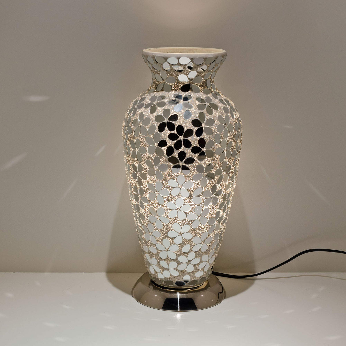 Febland Mirrored Flower Tile Mosaic Vase Lamp, Silver