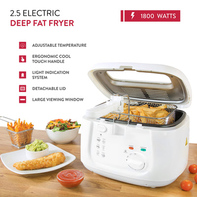 Quest 35119 2.5L Deep Fryer/Features Removable Lid & Large Observation Window/Adjustable Temperature/Ergonomic Cool Touch Handle/White, 1800 W, 2.5 liters,