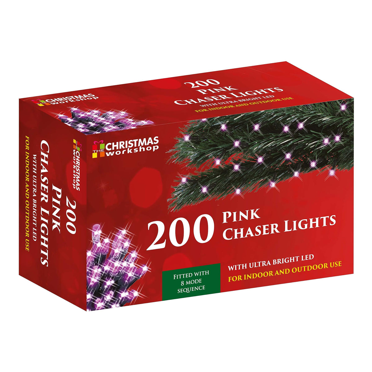 200 pink LED chaser Christmas lights – 13.9m