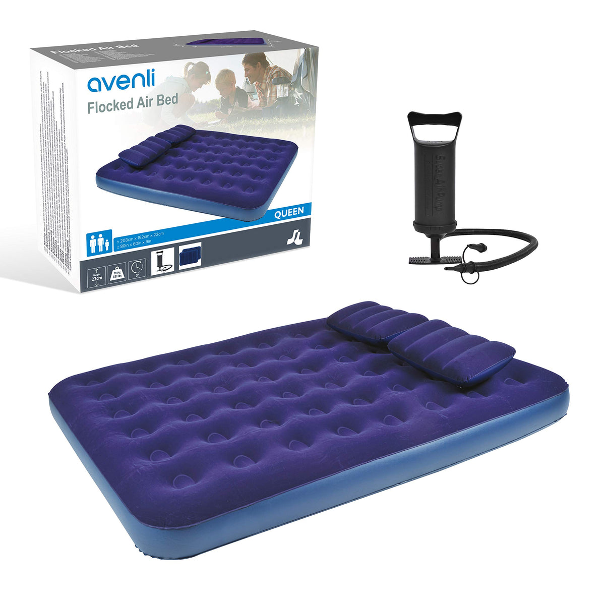 Avenli queen flocked airbed with built-in pillow and hand pump