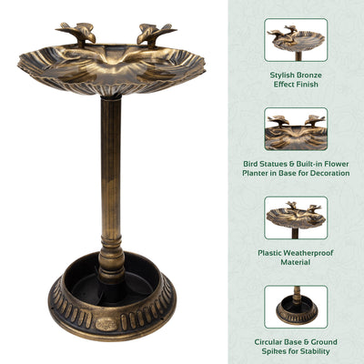 Gardenkraft 17390 Bird Bath with Built-In Base Planter/Bronze Effect Clam Shell Design/Weatherproof Garden Feature/Easy To Assemble / 66cm x 39cm