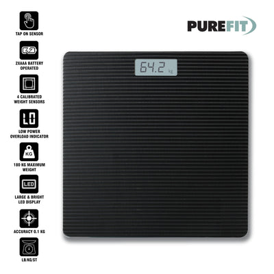PUREFIT Digital Bathroom Scale Ultra Slim For Body Weight LED Backlit Display 5MM Tempered Glass Non Slip Mat Weighing Scale Step-On Technology LB/KG/ST Max Weight 180KG Battery Operated Included
