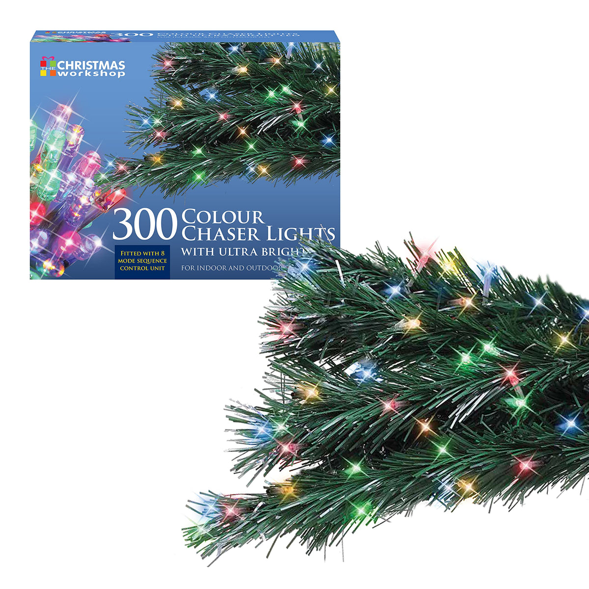 300 multi-coloured LED chaser Christmas lights – 20.9m