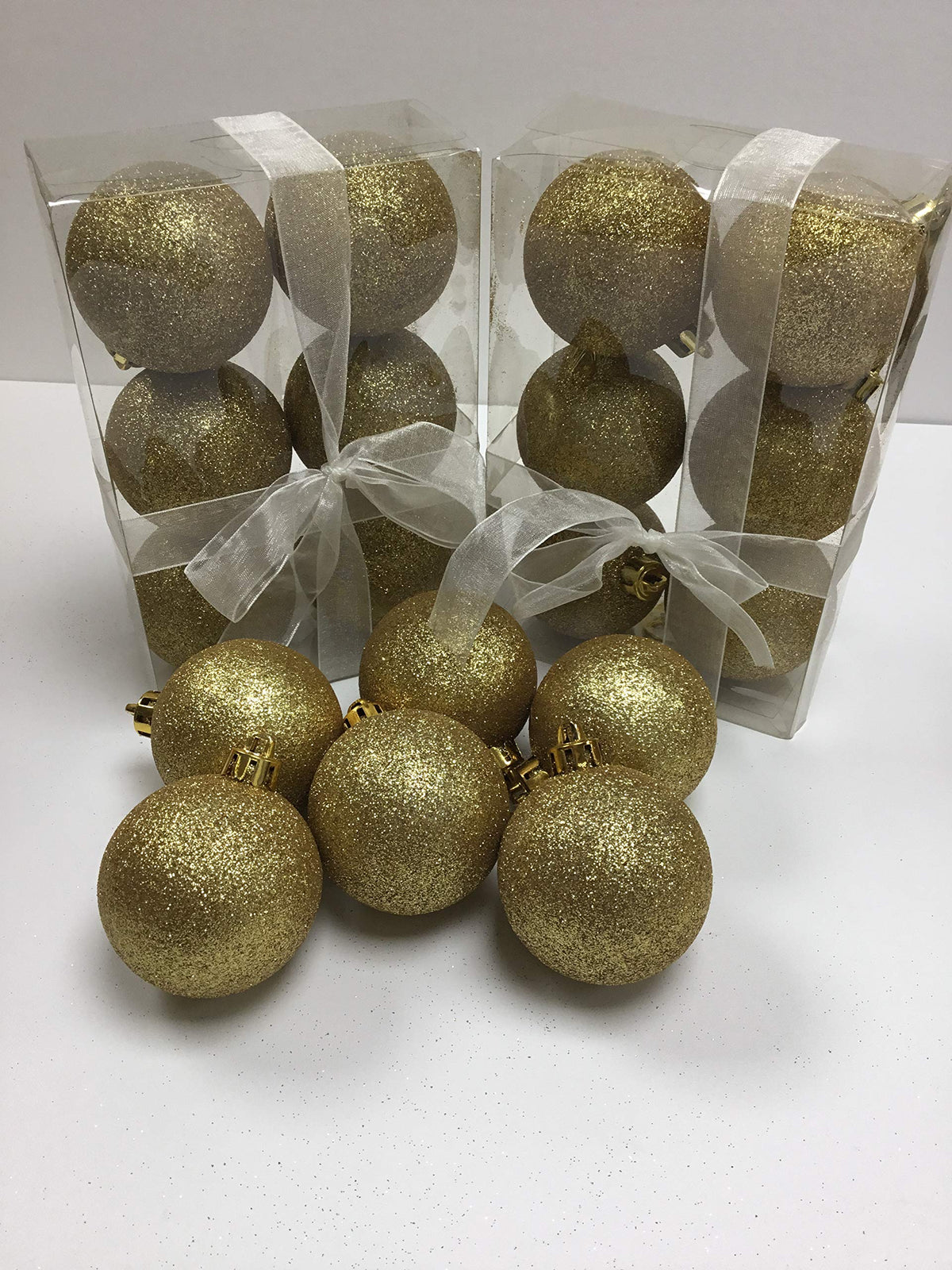 18 sparkling gold glitter Christmas baubles, 60mm