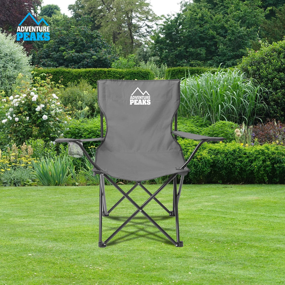Adventure Peaks grey folding camping chair with carry bag and cup holder