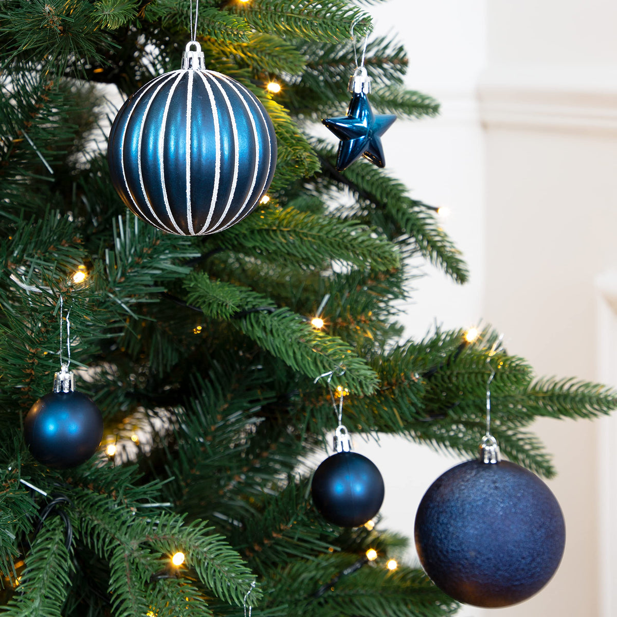 Navy shatterproof Christmas baubles set of 50 mixed sizes