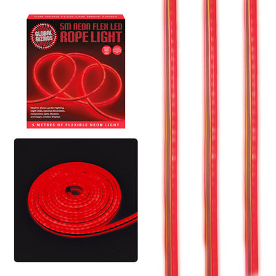 Global Gizmos 47510 5 Metre LED Strip Lights / Flexible Rope Lights / Neon Style Glow / Great for Bedrooms & TV Backlight / Indoors or Outdoors / Red Colour