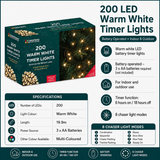 200 LED warm white battery operated Christmas timer lights, 6 hours on 18 hours off