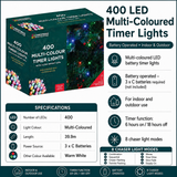 400 LED multi-colour battery operated Christmas timer lights, 6 hours on 18 hours off