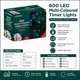 600 LED multi-colour battery operated Christmas timer lights, 6 hours on 18 hours off