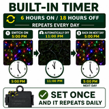 Battery Christmas lights timer guide showing 6 hours on and 18 hours off, repeating daily
