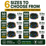 Multi-colour battery Christmas lights size guide, 50 to 600 LEDs
