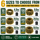 Warm white battery Christmas lights size guide, 50 to 600 LEDs
