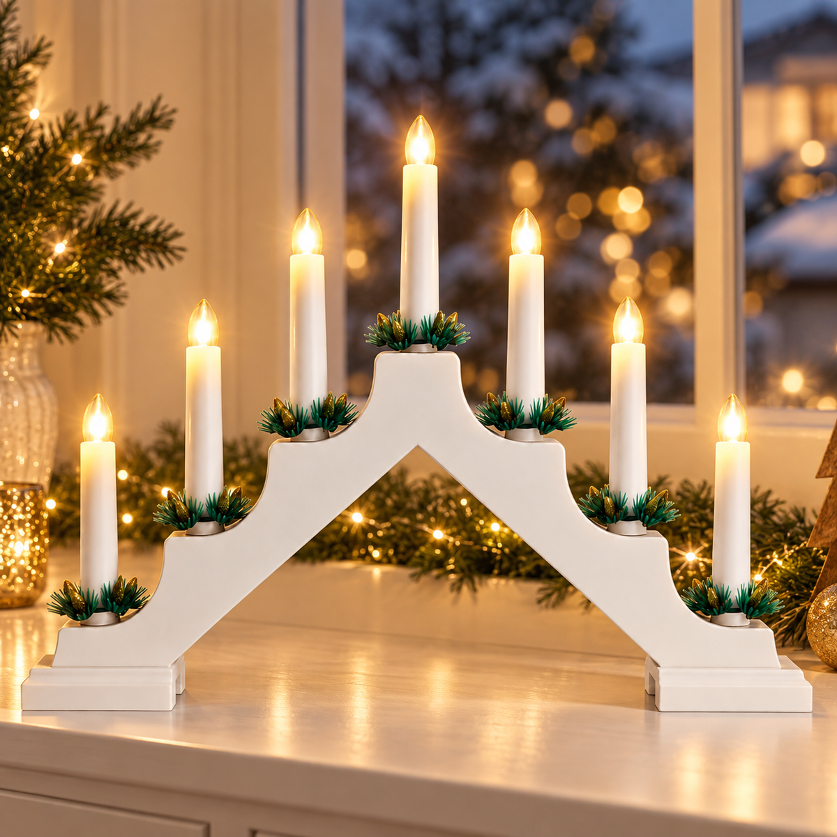 White seven-candle Christmas bridge glowing on an indoor windowsill