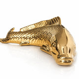 Angled view of gold ceramic koi fish ornament