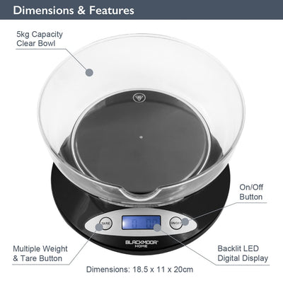 Blackmoor Digital Kitchen Scales with Bowl/Black Colour/Weighing Scales for Cooking & Baking/Weigh in Ounces and Grams/Backlit LCD Display / 5kg Capacity/Tare Function