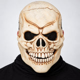 Illustrative adult model wearing Don Post skeleton skull face prosthetic with black costume