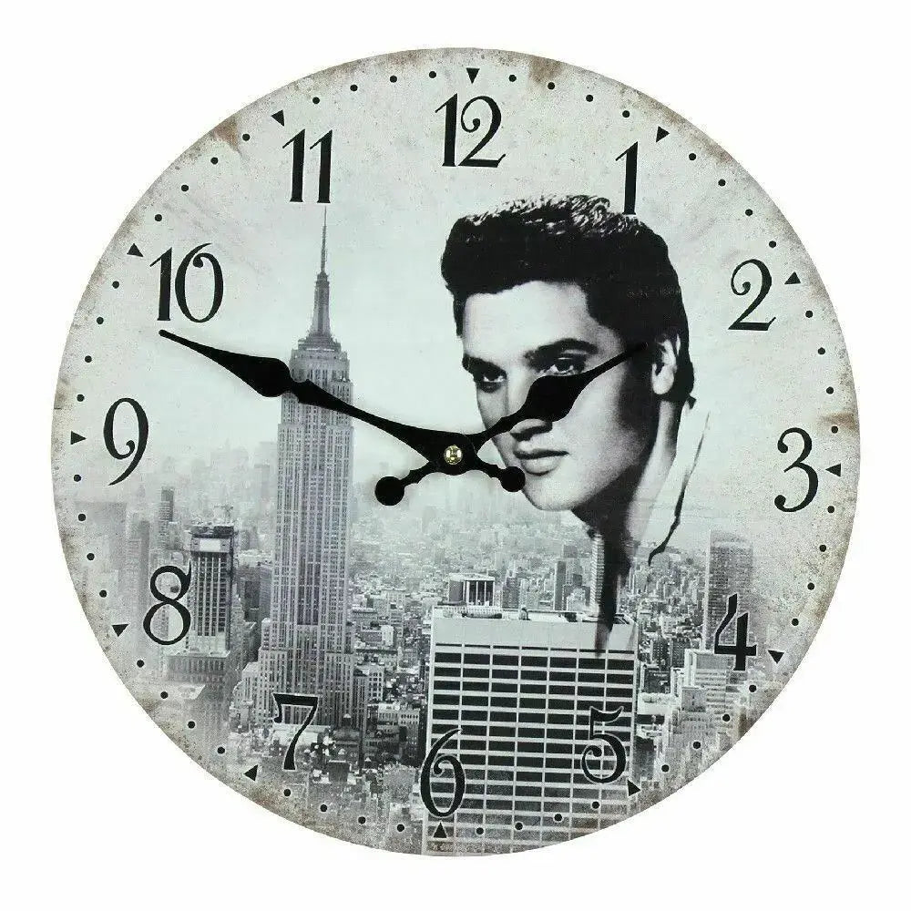 Hometime 30cm Elvis wall clock with New York skyline design
