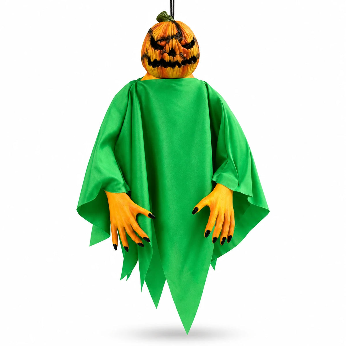 Evil pumpkin hanging Halloween ghost decoration 46cm with green fabric and orange hands on white background