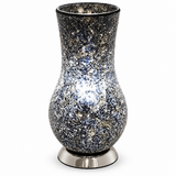 Febland LM76B black and silver crackle mosaic glass table lamp 37cm with chrome base and vase-shaped shade