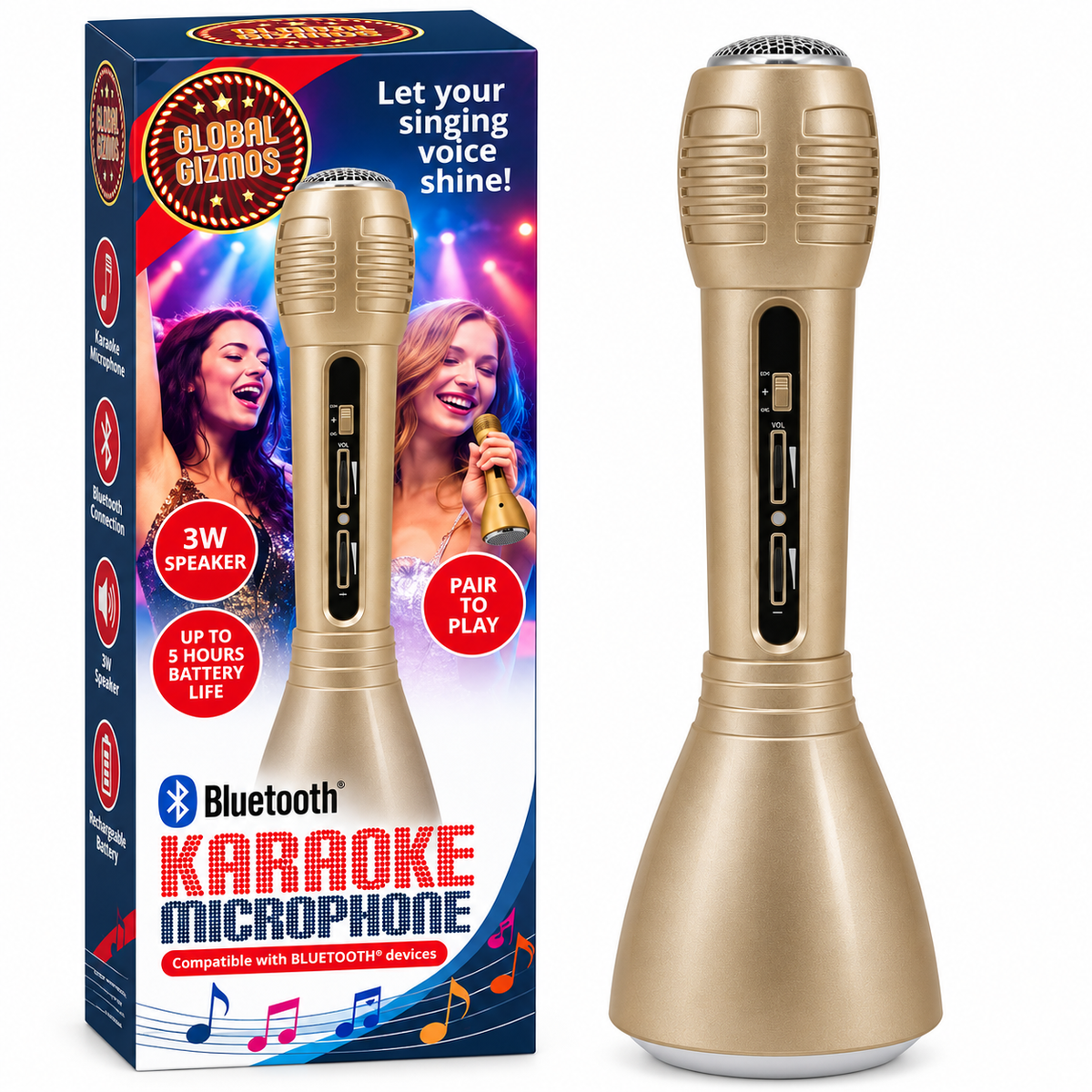 Global Gizmos gold Bluetooth karaoke microphone with 3W speaker and retail packaging
