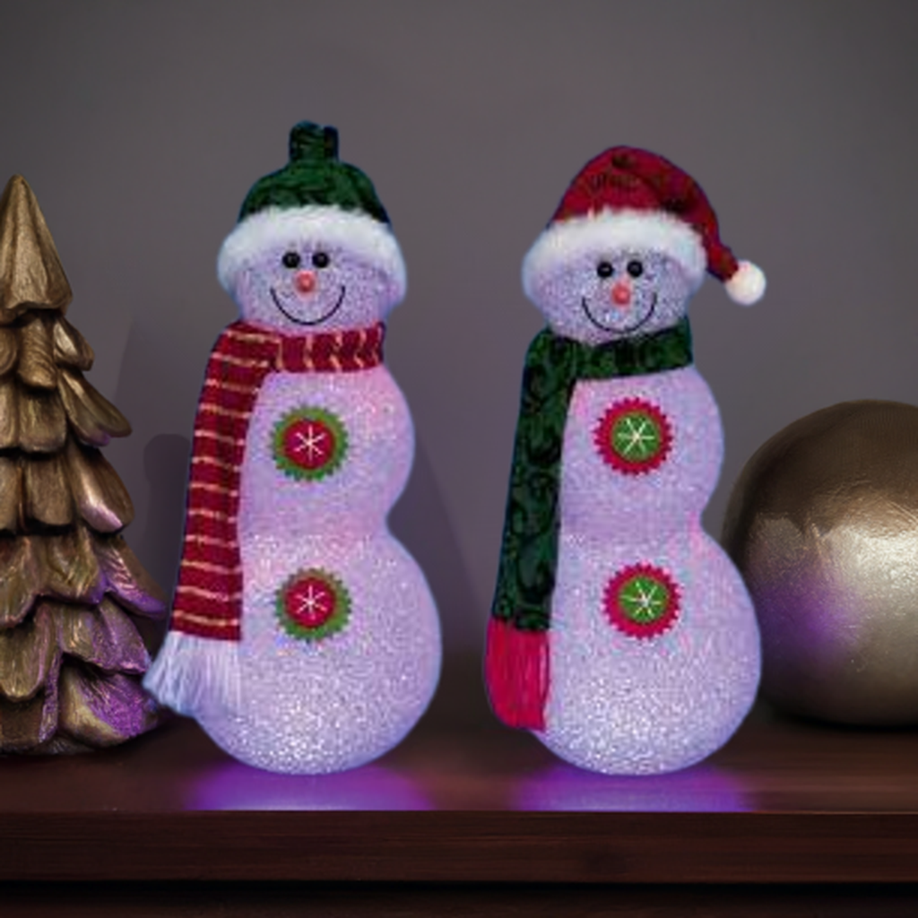 Pair of 27cm battery-operated Christmas snowmen with flashing red and blue lights
