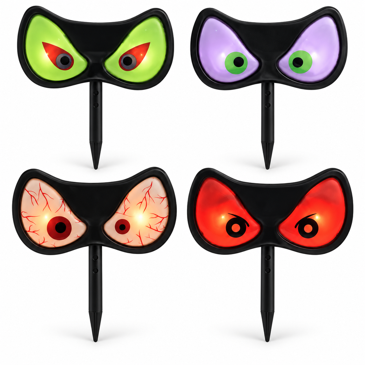 Four flashing Halloween evil eyes garden stake designs on white background