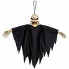 Hanging Ghoul Halloween decoration with black tattered cloak, skull face and skeletal hands on white background