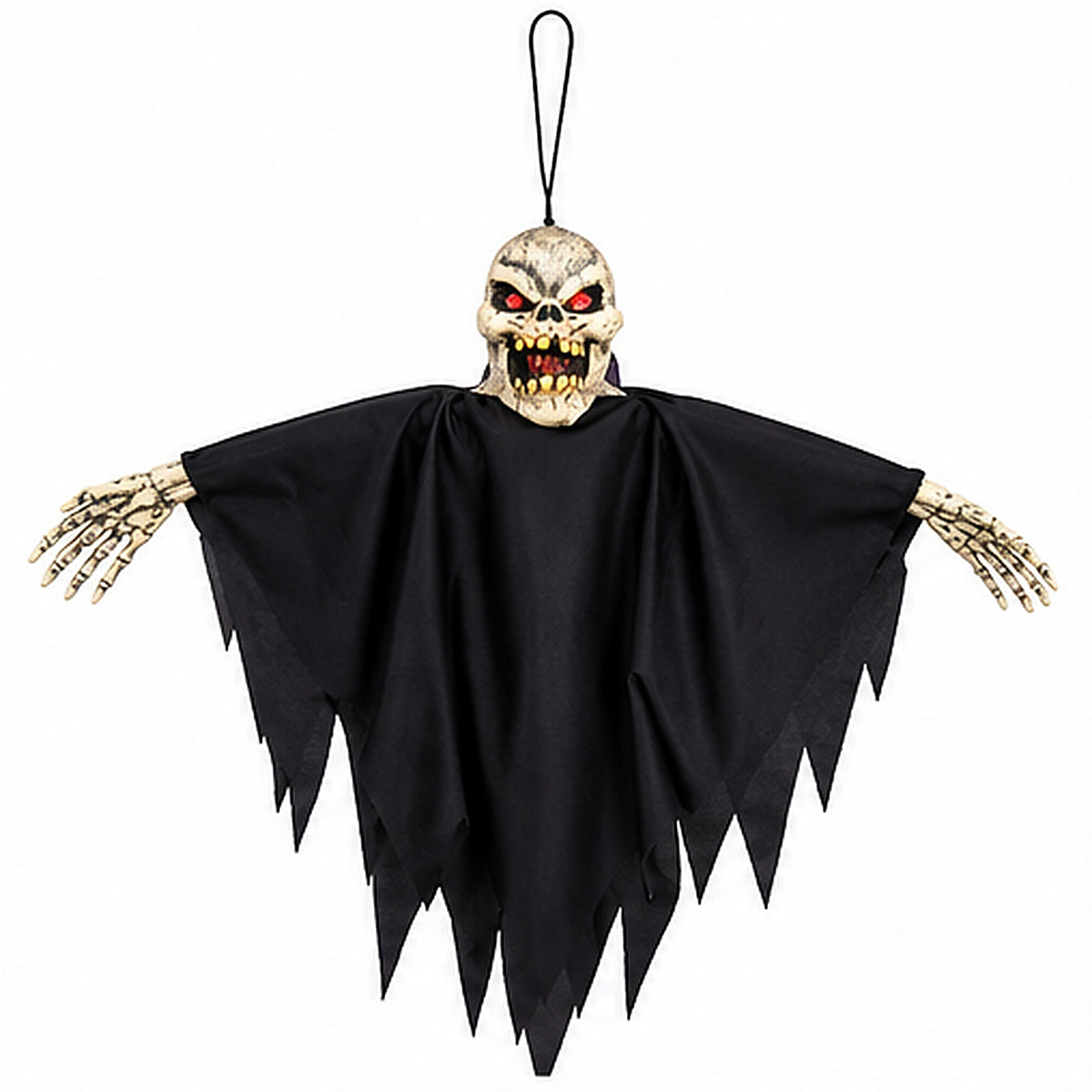 Hanging Ghoul Halloween decoration with black tattered cloak, skull face and skeletal hands on white background