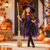 Halloween witch costume with natural straw broomstick for trick or treating and fancy dress