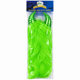 Illustrative white-background packaged Halloween wig with horns — neon green