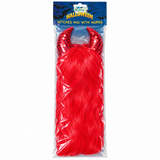 Illustrative white-background packaged Halloween wig with horns — red
