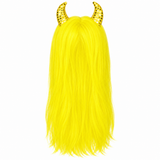Neon yellow Halloween witch wig with gold sequinned horns isolated product image — illustrative