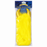 Illustrative white-background packaged Halloween wig with horns — neon yellow