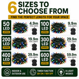 Multi coloured battery timer Christmas lights size guide 50 to 600 LED