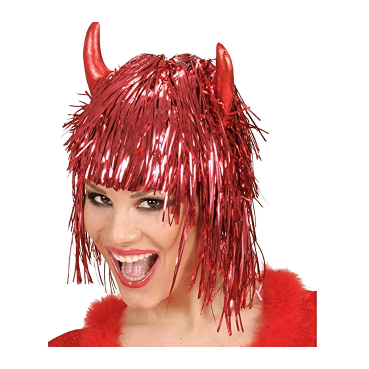 Widmann Red Tinsel Devil Wig with Horns on a clean white square background