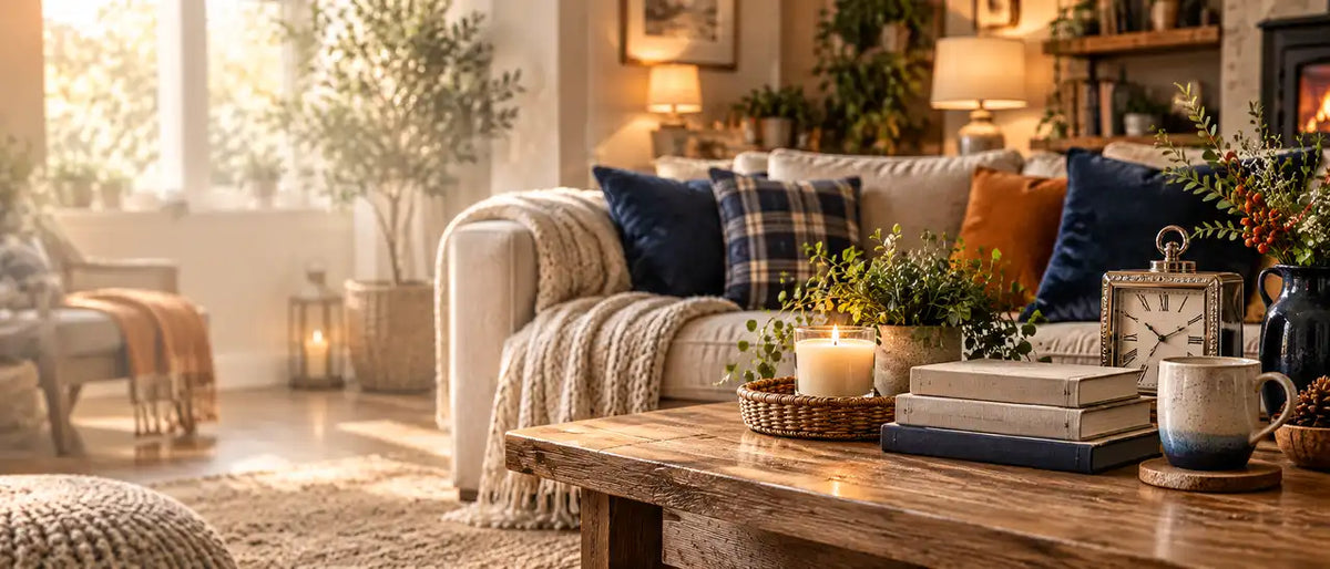Cosy living room with sofa, coffee table, lamp, decorative clock and home accessories