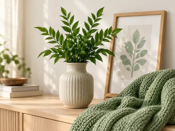 New in home decor with ceramic vase, green plant and framed botanical print on a wooden sideboard