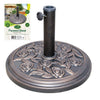 A heavy-duty, round parasol base with a floral design, featuring embossed roses and leaves. The base has a central tube with an adjustable knob for securing the parasol. In the background, the product packaging shows a picture of this parasol base in use.