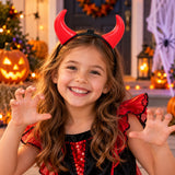 Illustrative Halloween costume lifestyle scene featuring red devil horns headband on a child
