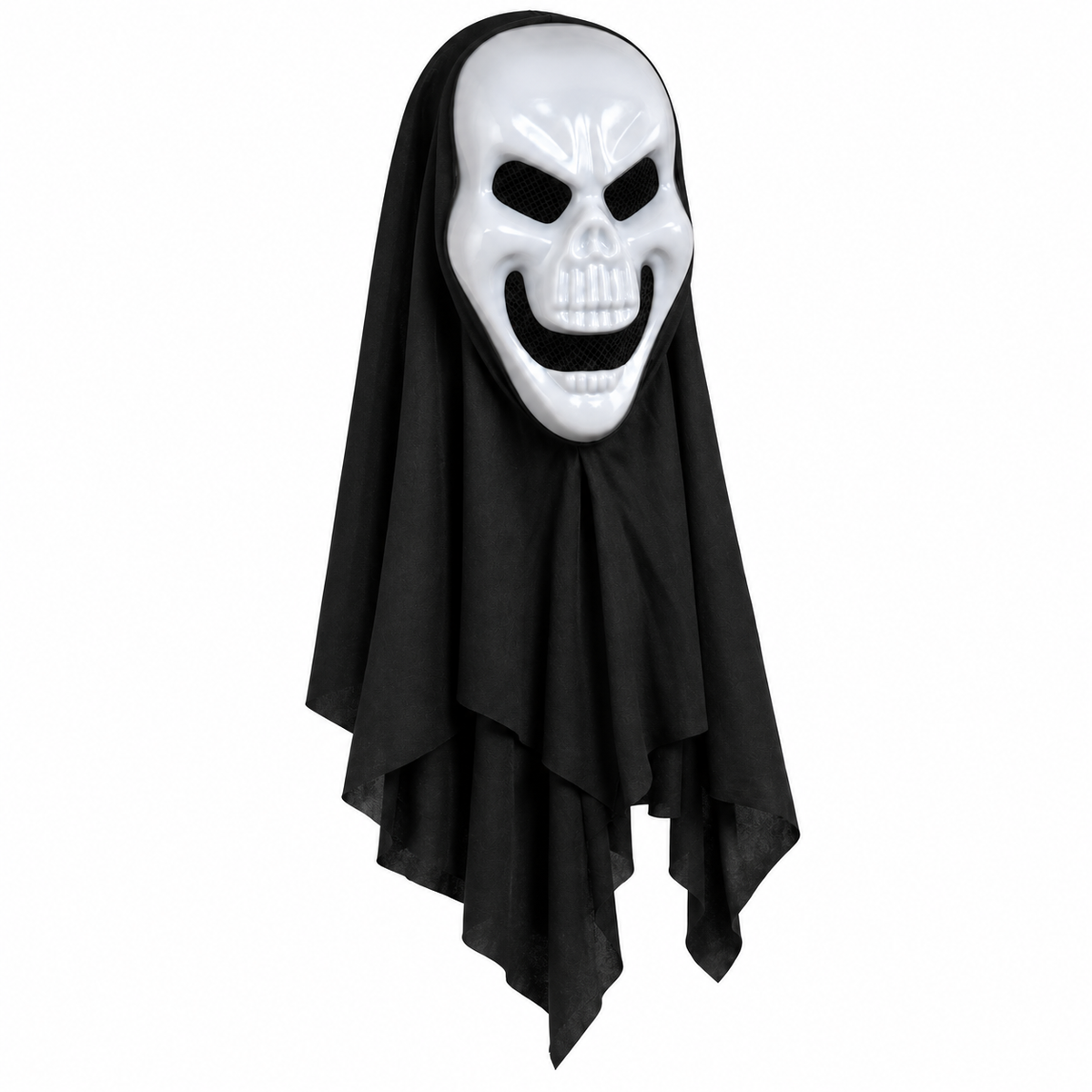 Children's Halloween skeleton face mask with black hood, angled product view